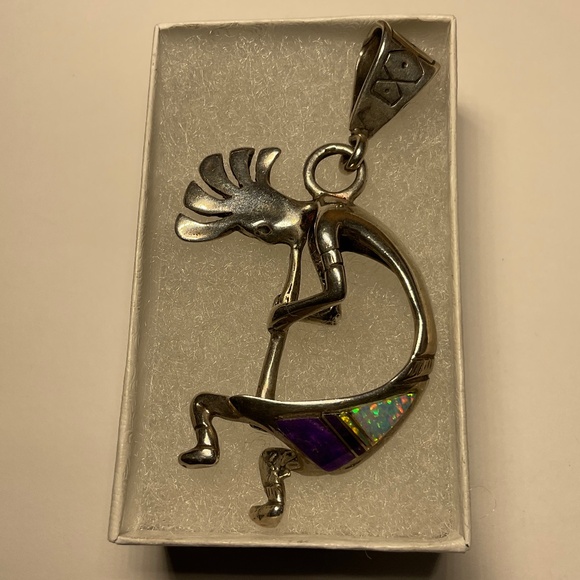 Vintage Sterling Silver Large Kokopelli Pendant W/ Lapis & Opal Inlay. 2” long